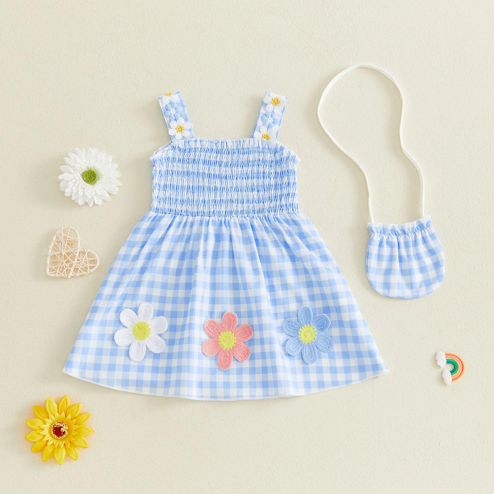Flower Applique Plaid Dress with Matching Bag Set
