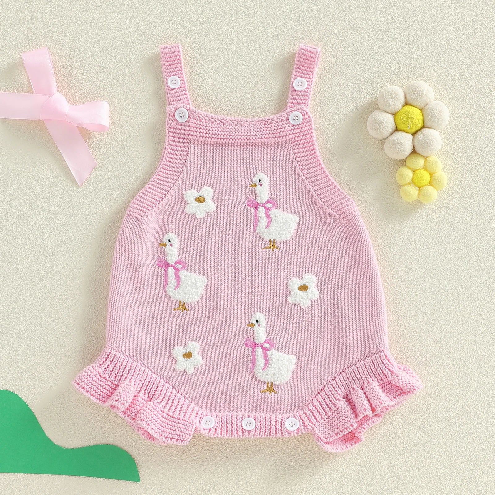 Baby Girl Sleeveless Duck & Flower Knit Overall Bodysuit