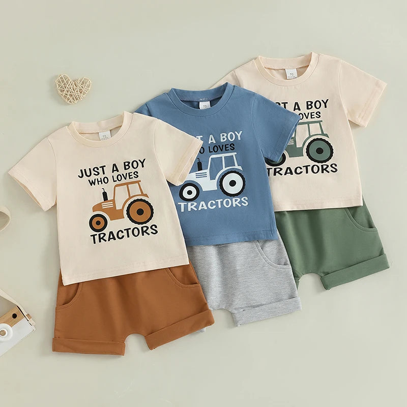 Toddler Boy's Tractor Print T-Shirt & Shorts Outfit