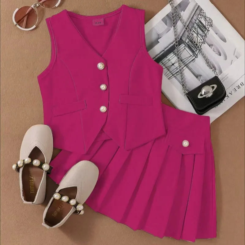 Sleeveless Button Vest and Pleated Skirt Outfit