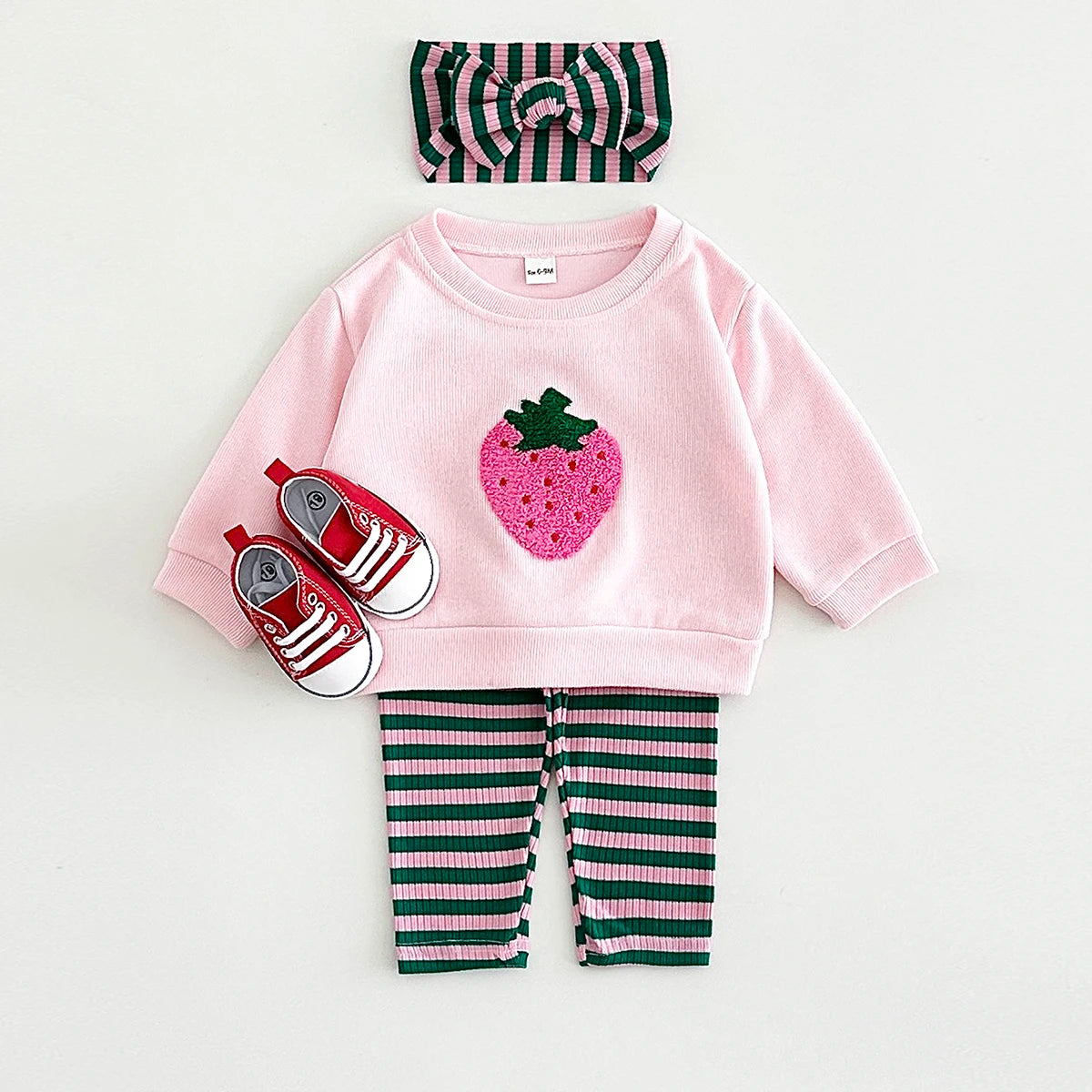 Embroidery Fruit Sweatshirt and Striped Pants Set