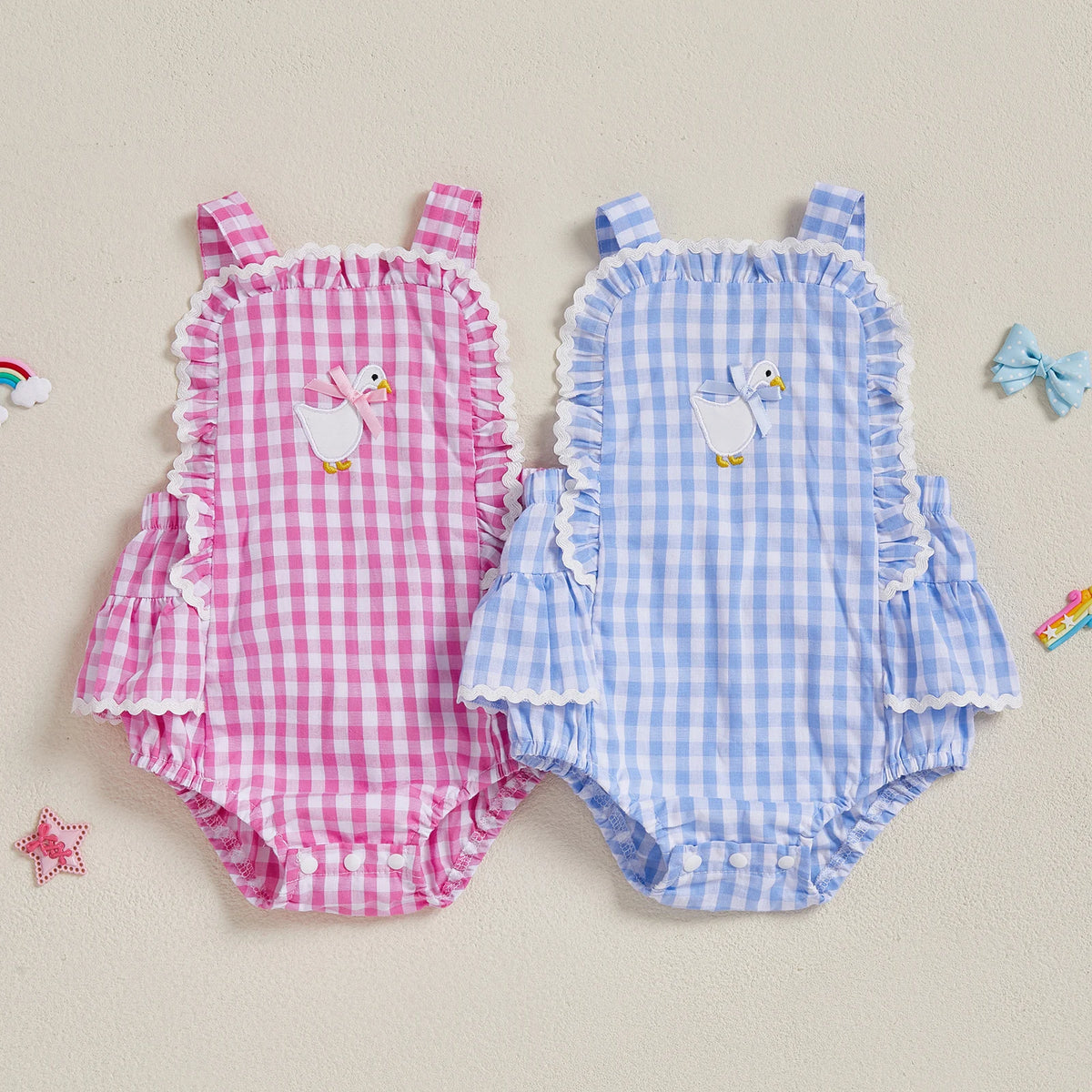 Baby Girl Plaid Duck Embroidery Bow Backless Sleeveless Romper