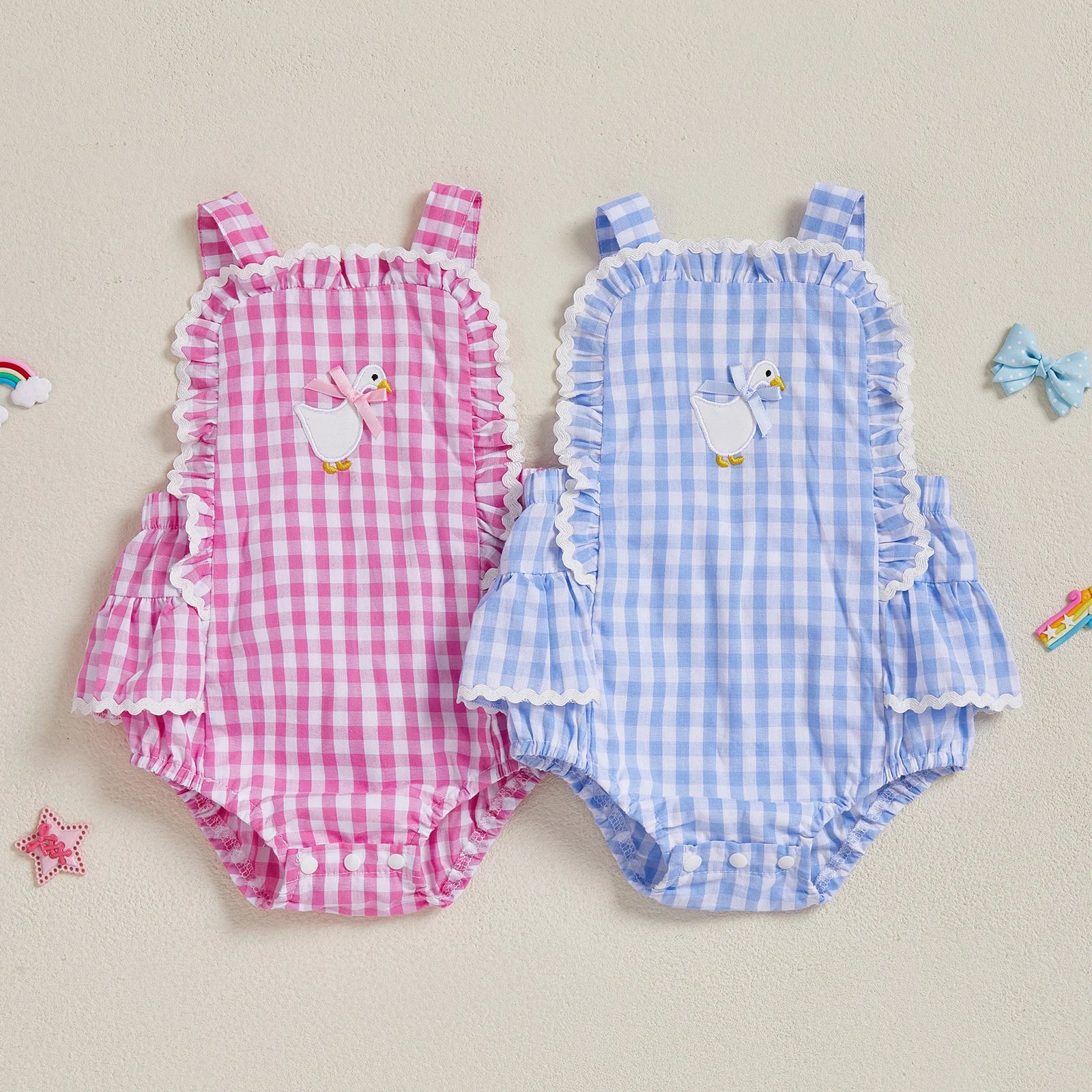 Baby Girl Plaid Duck Embroidery Bow Backless Sleeveless Romper
