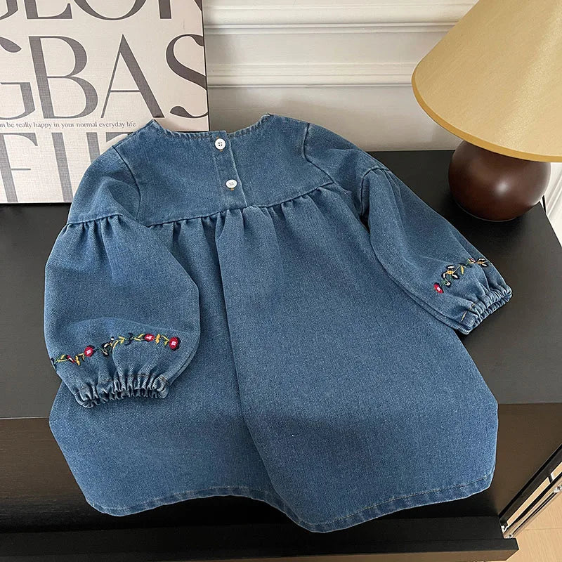 Girls Embroidered Long Sleeve Denim Dress