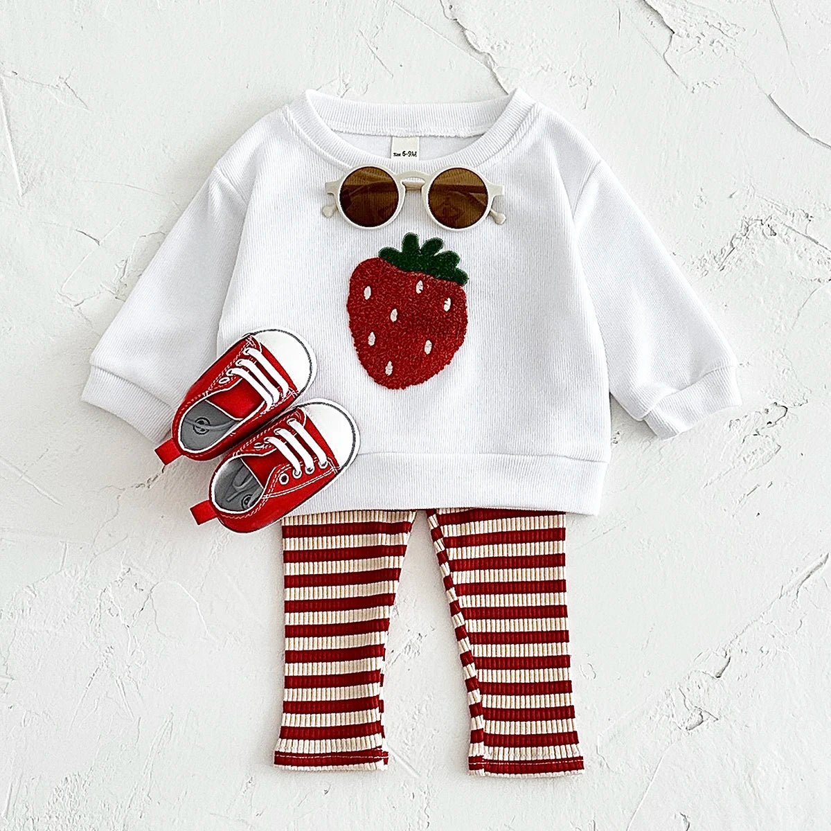 Fruit Embroidered Sweatshirt and Striped Pants Set