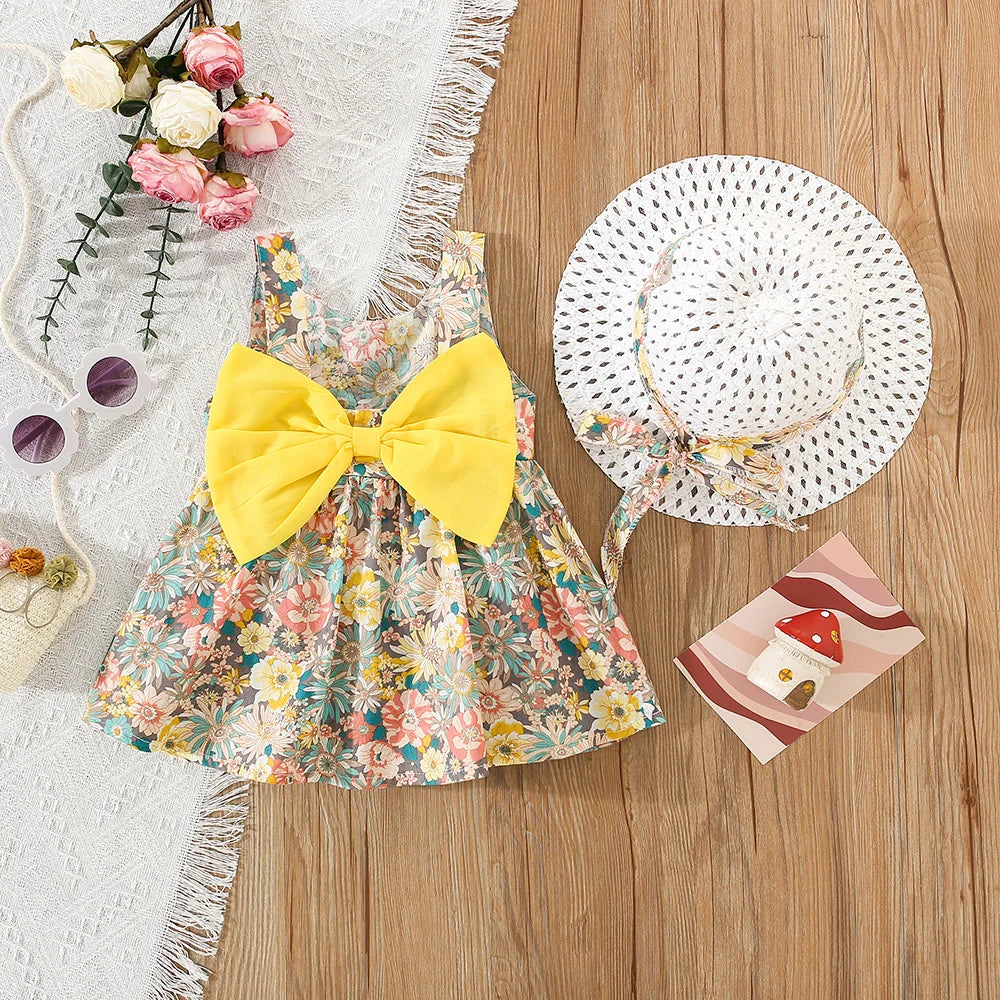 Floral Print Bow & Hat Princess Dress Set