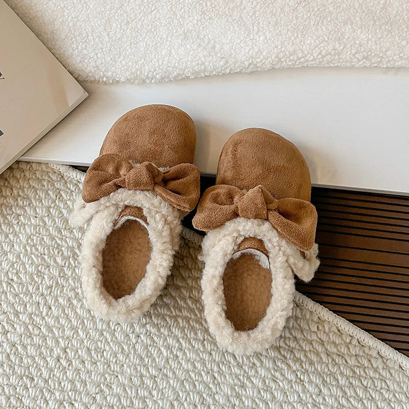Retro Bow Plush Fur Children's Flats - Warm Fluffy Kids Casual Shoes