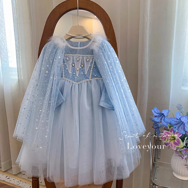 Girls' Blue Princess Dress with Detachable Shawl
