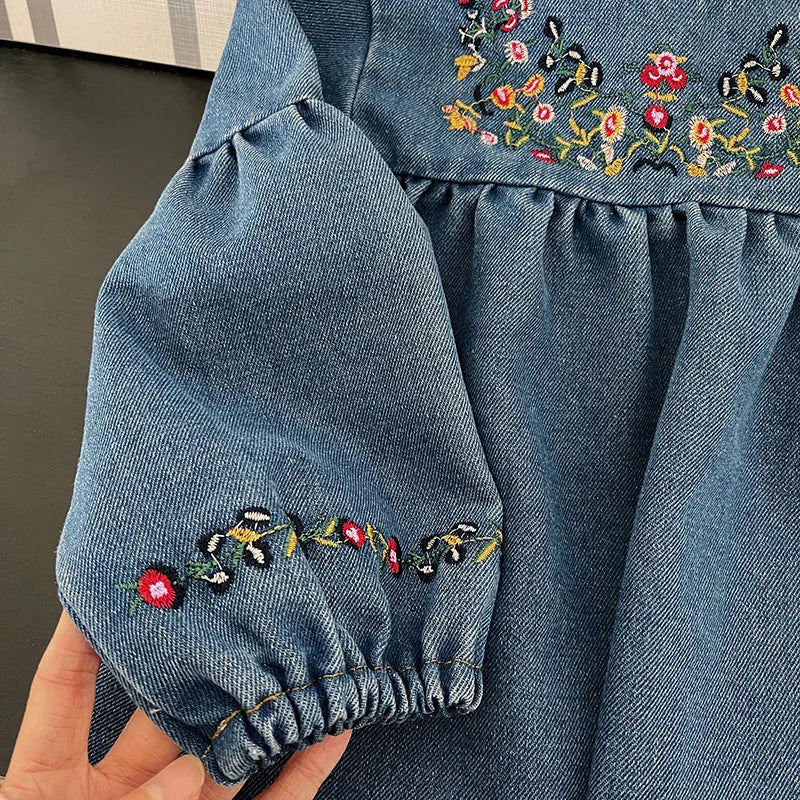 Girls Embroidered Long Sleeve Denim Dress