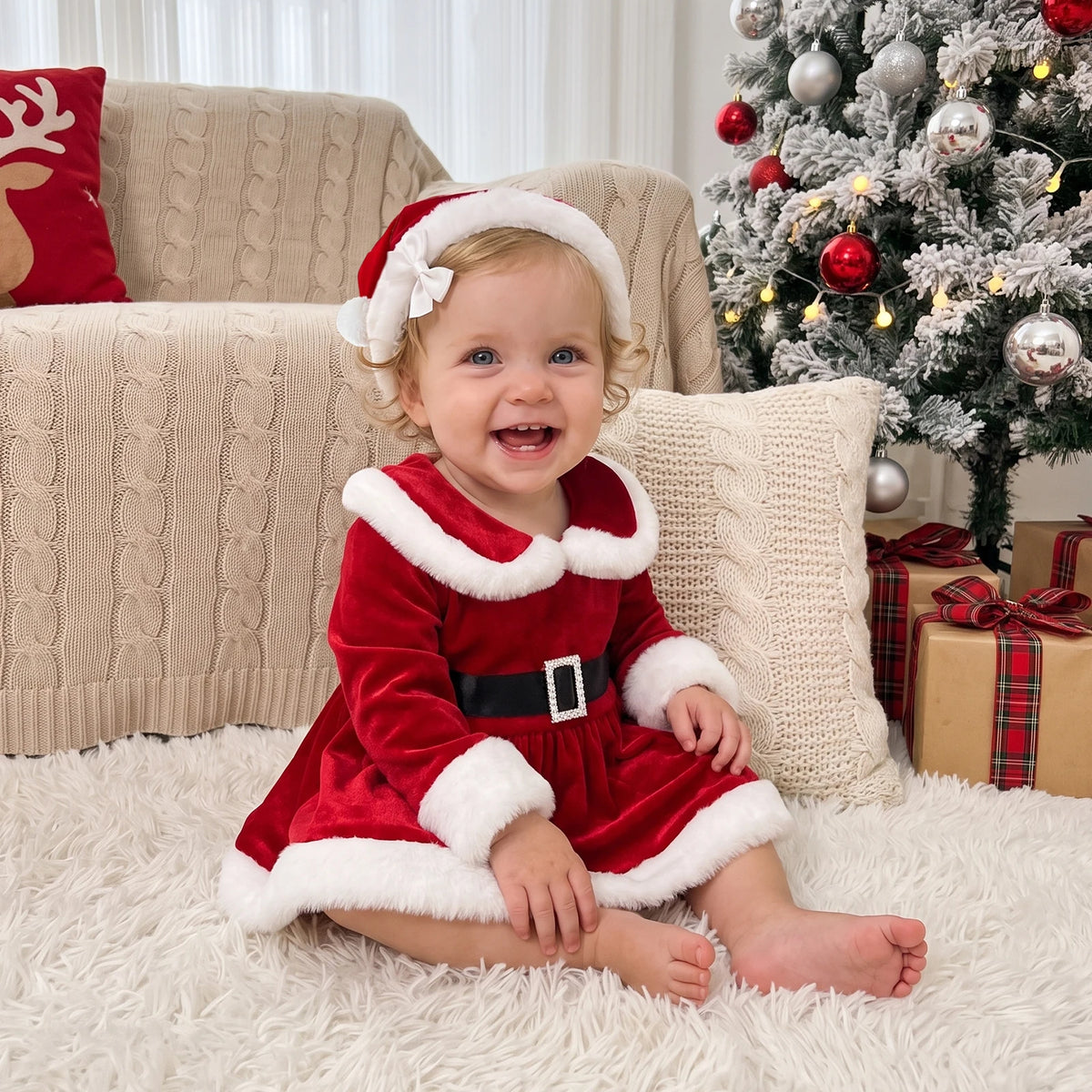 Baby Girl Christmas Romper & Santa Hat Set