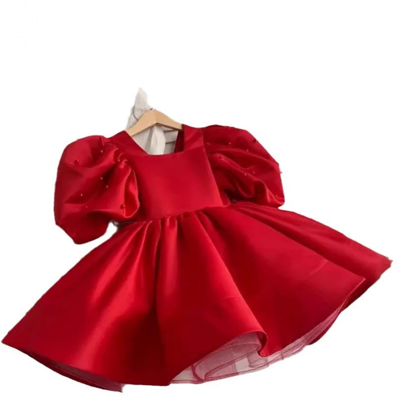 Girl's Satin Puff Sleeve Party Dress