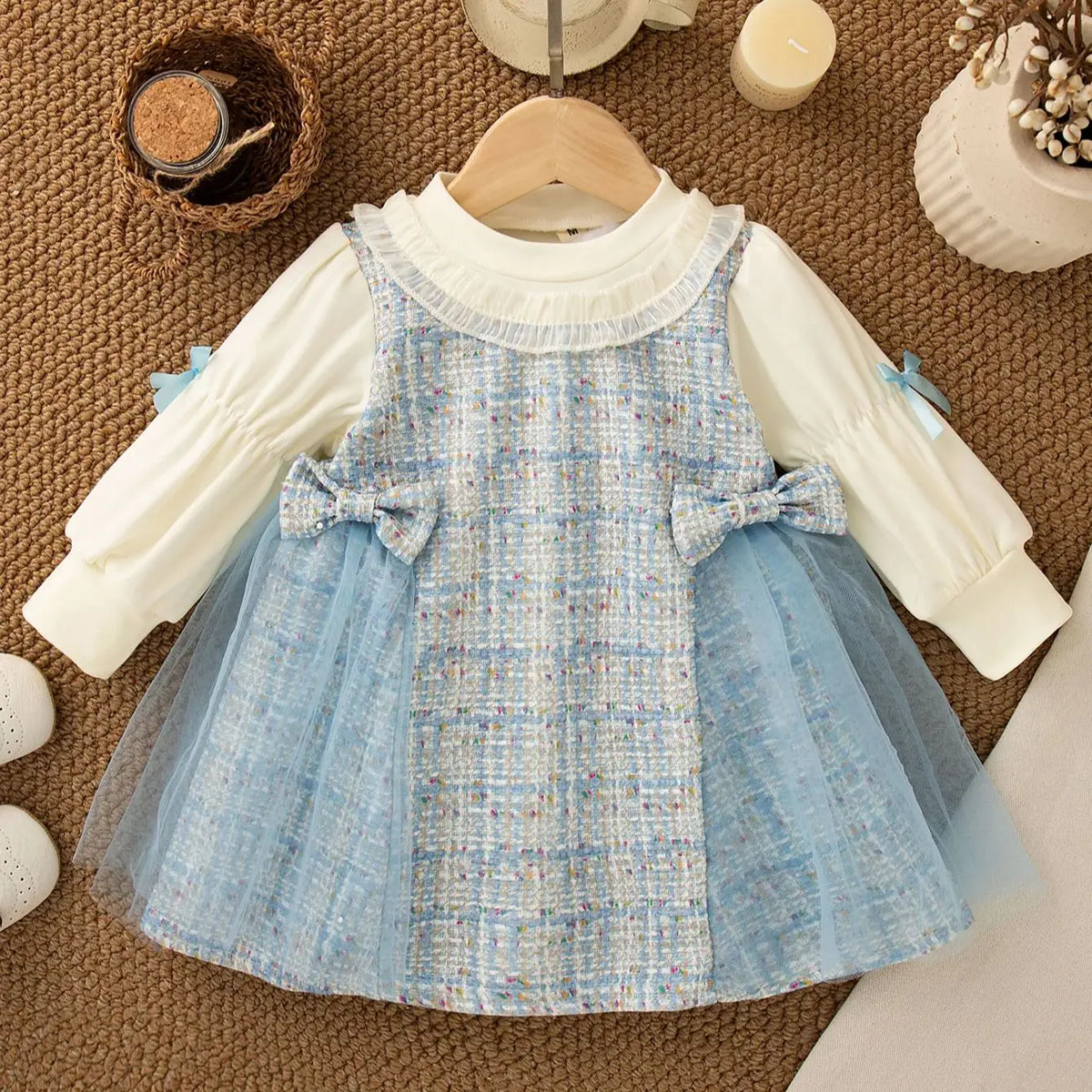 Checkered Bow Baby Girl Princess Dress Long Sleeve