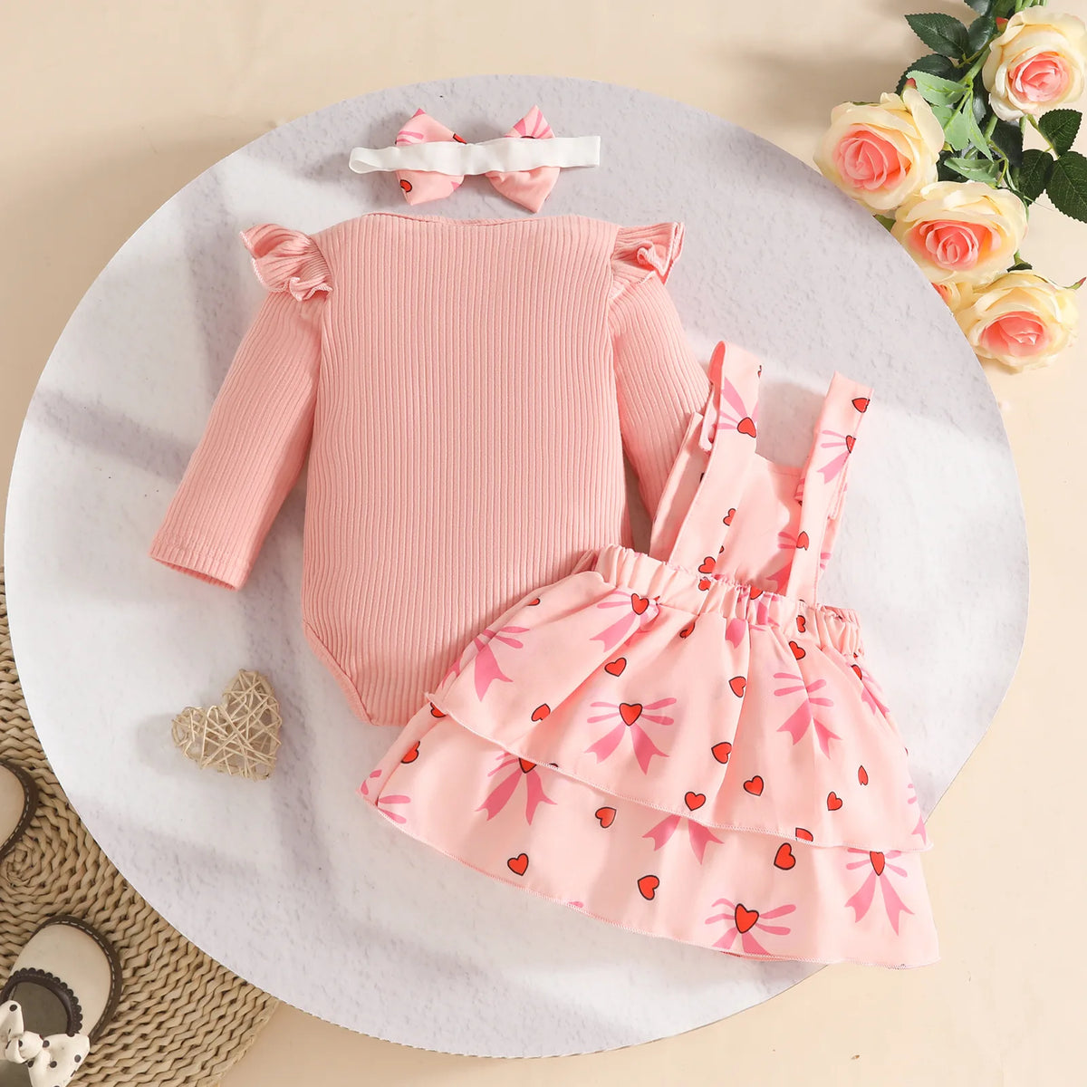 Baby Girl 3-Piece Fall Set | Ribbed Romper + Floral Overall Skirt + Hair Band