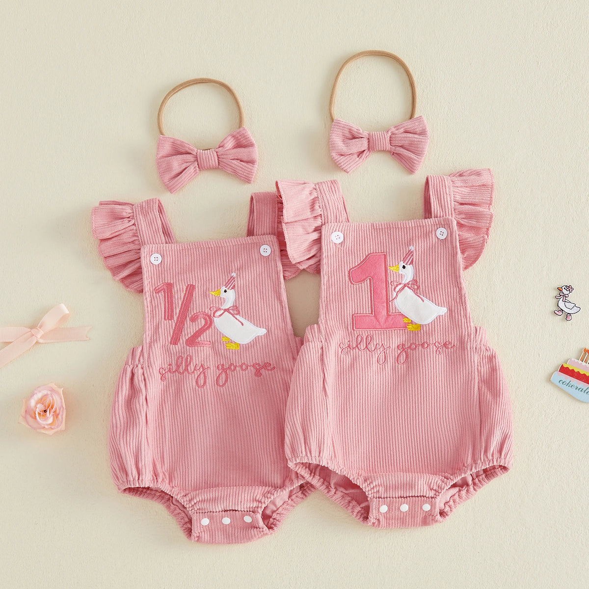 Baby Girl Birthday Outfit - Embroidered Fly Sleeves & Headband