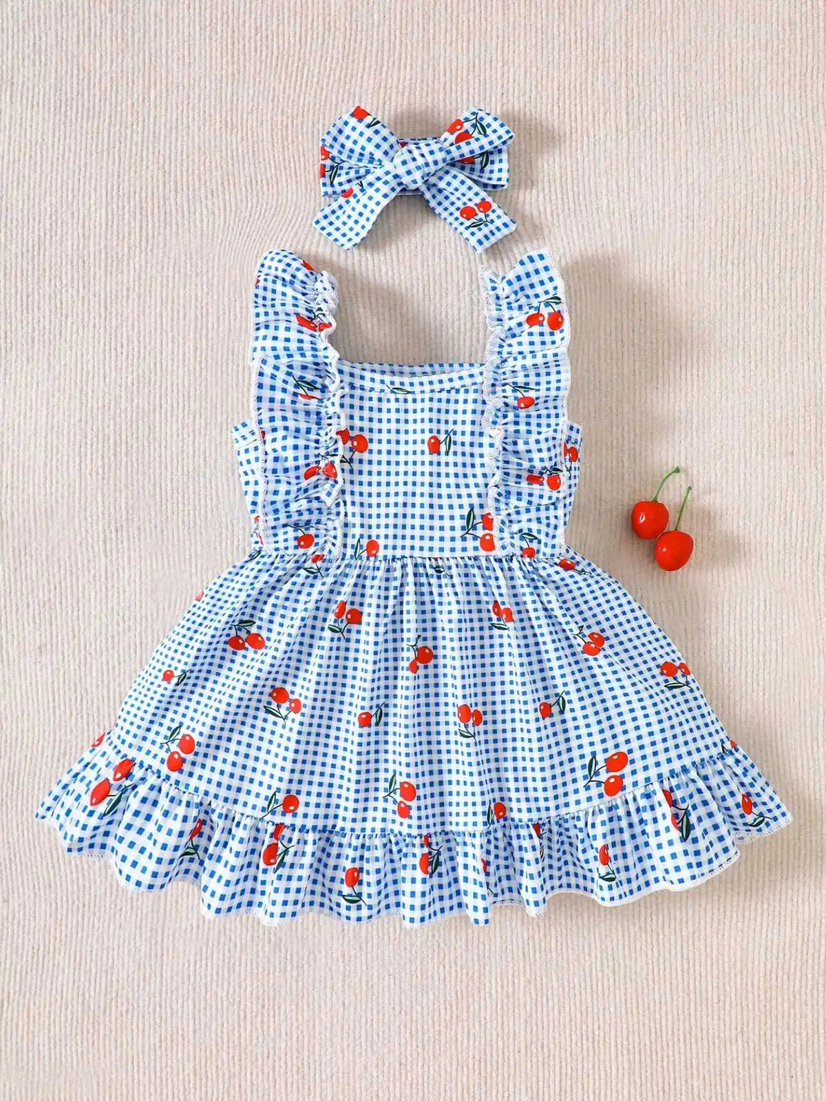 Baby Girl Cherry Plaid Ruffle Dress & Bow Headband 2-Piece Set