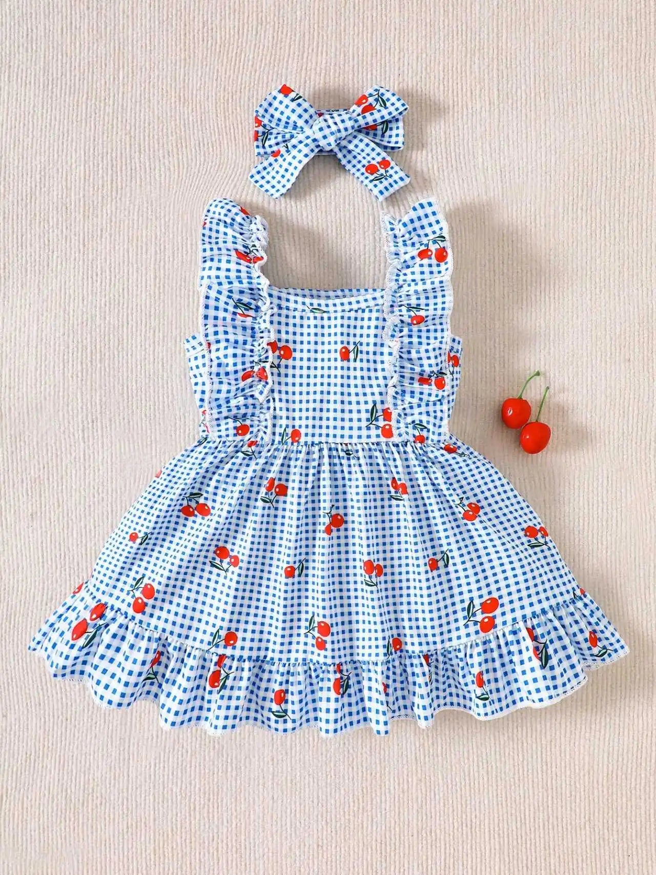 Baby Girl Cherry Plaid Ruffle Dress & Bow Headband 2-Piece Set
