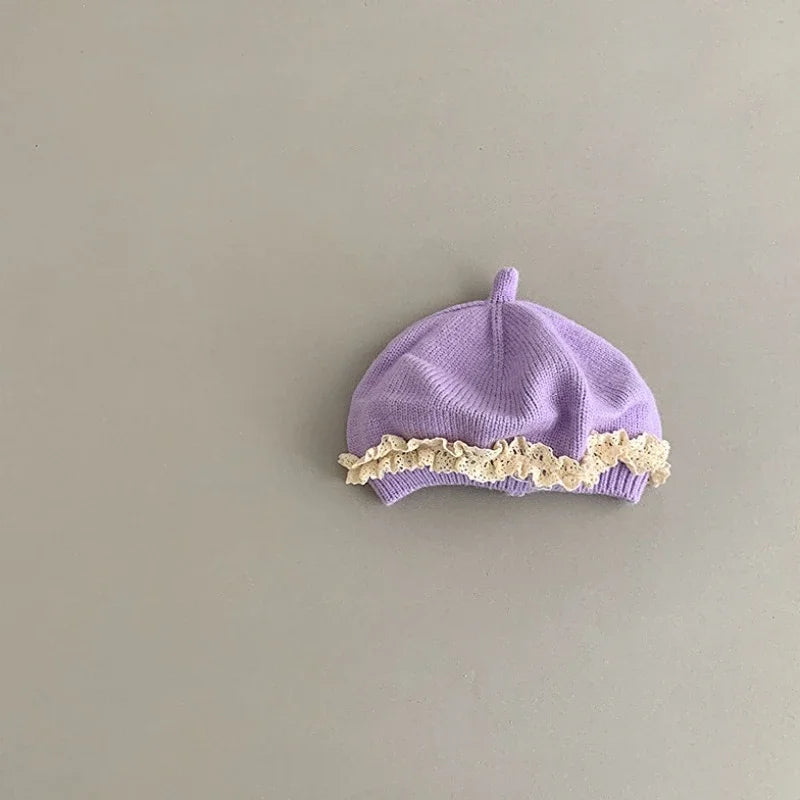 Baby Girl Lace Ruffle Knit Beret Soft Cotton Hat