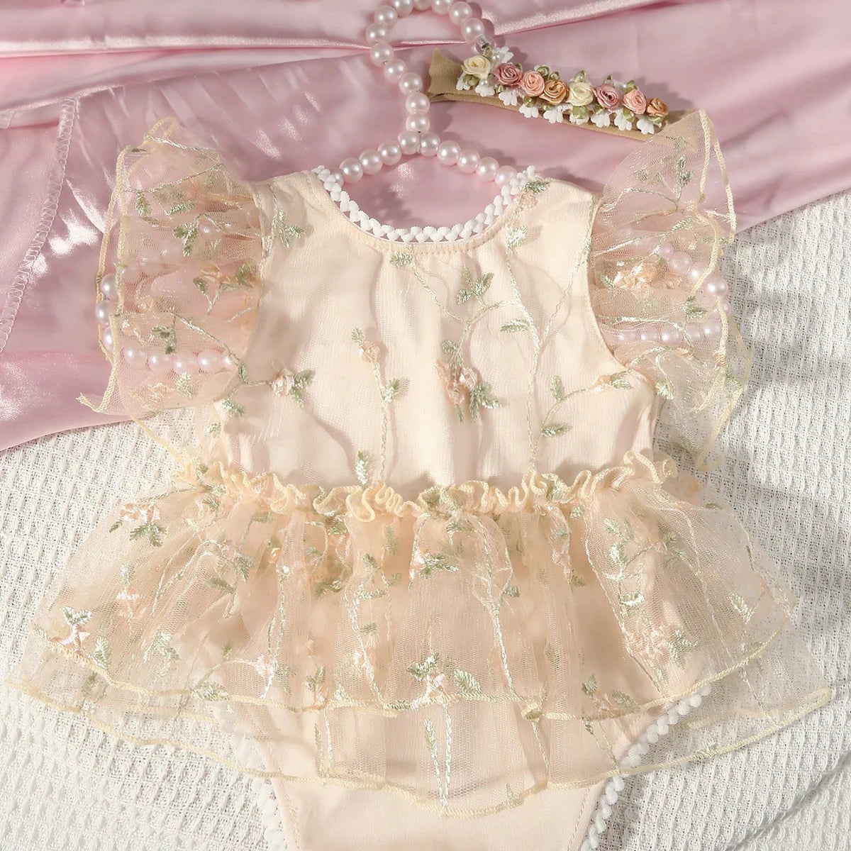Newborn Daisy Embroidered Romper- Baby Girl Mesh Photo Outfit