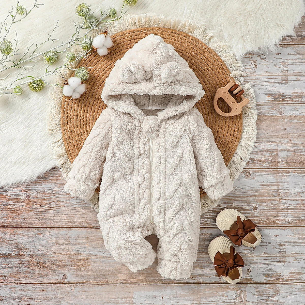 Baby Winter Plush Hooded Jumpsuit