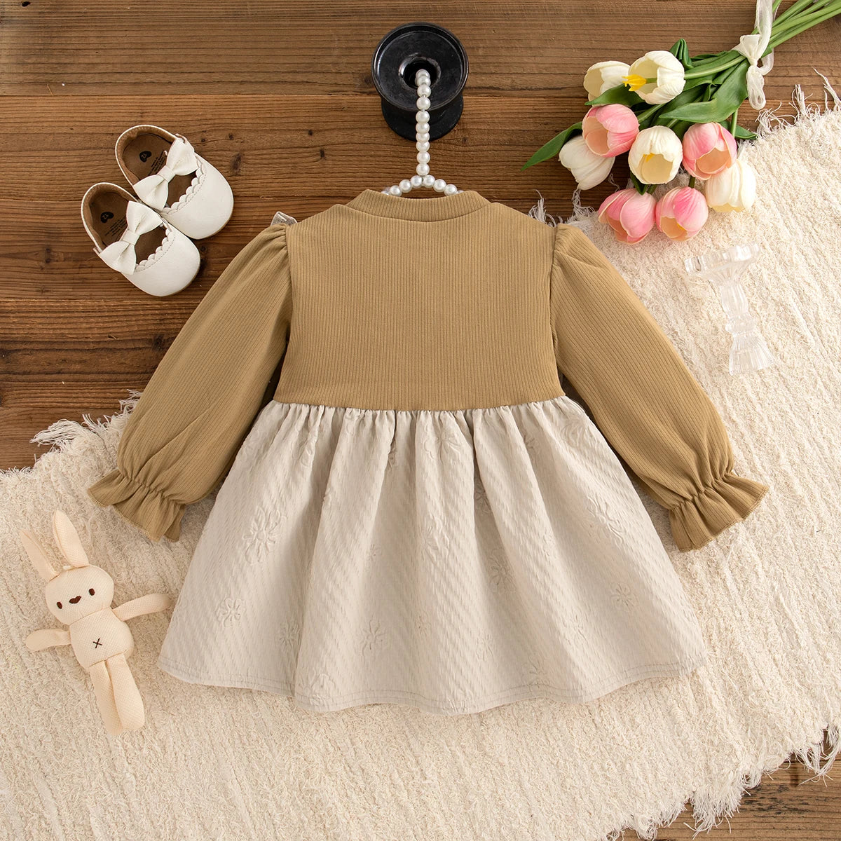 Girl Flower Print Bow Knit Dress - Soft & Long Sleeved
