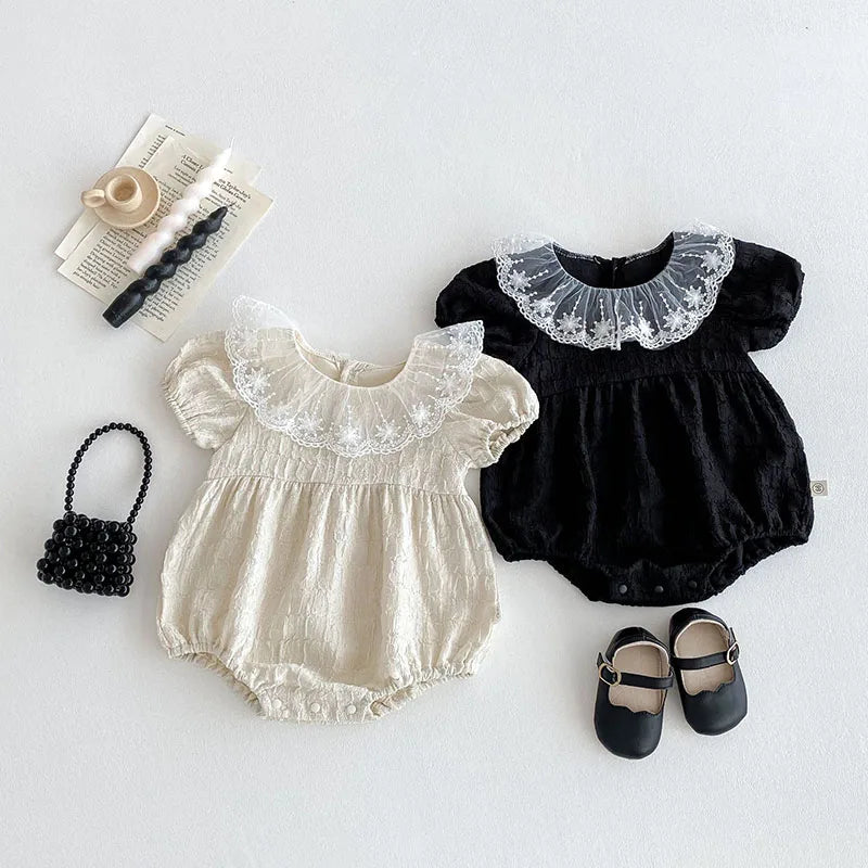Baby Girl Lace Collar Bodysuit - Embroidered Short Sleeve One Piece