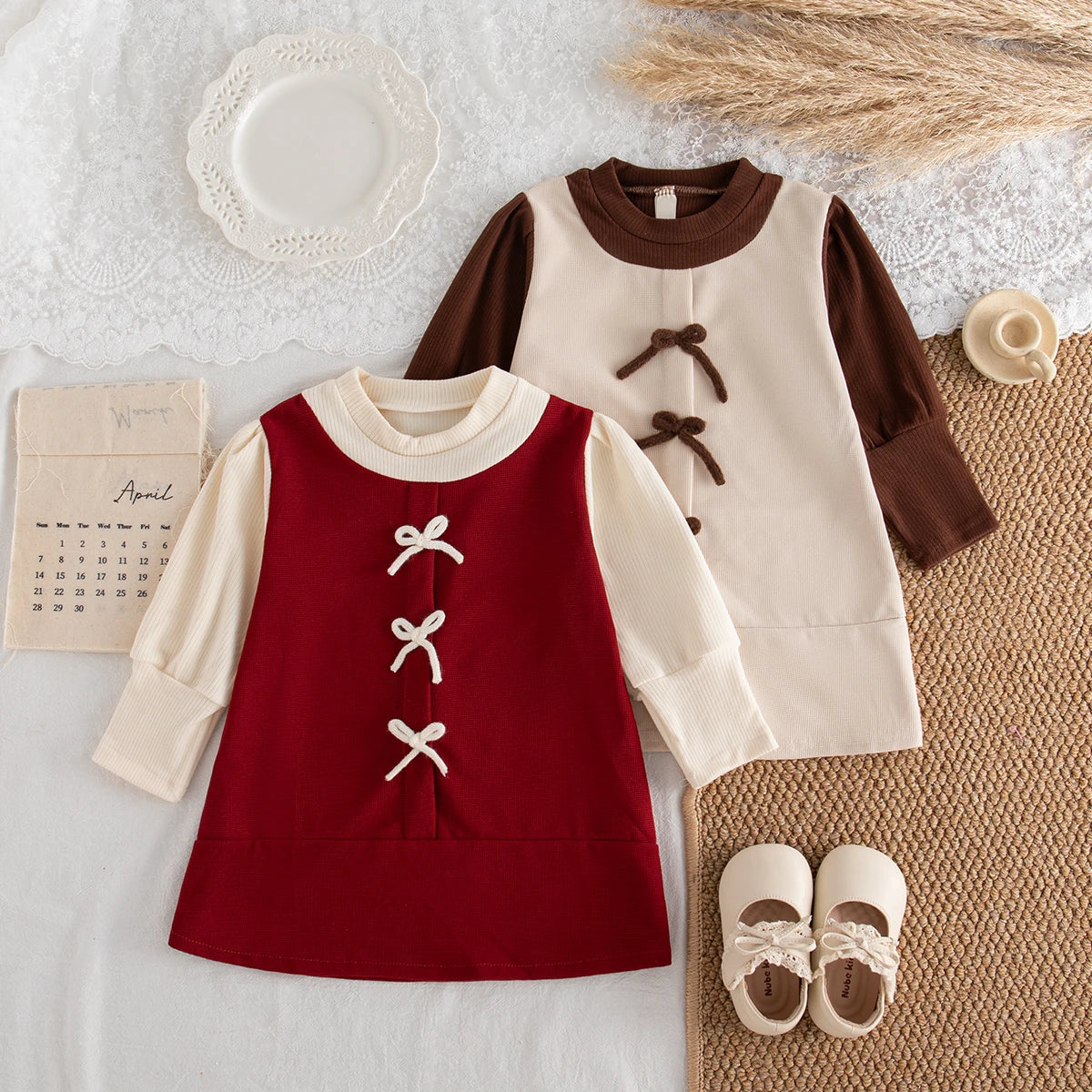 Baby Girl Colorblock Bow Knit Long Sleeve Dress 9M–3 Years