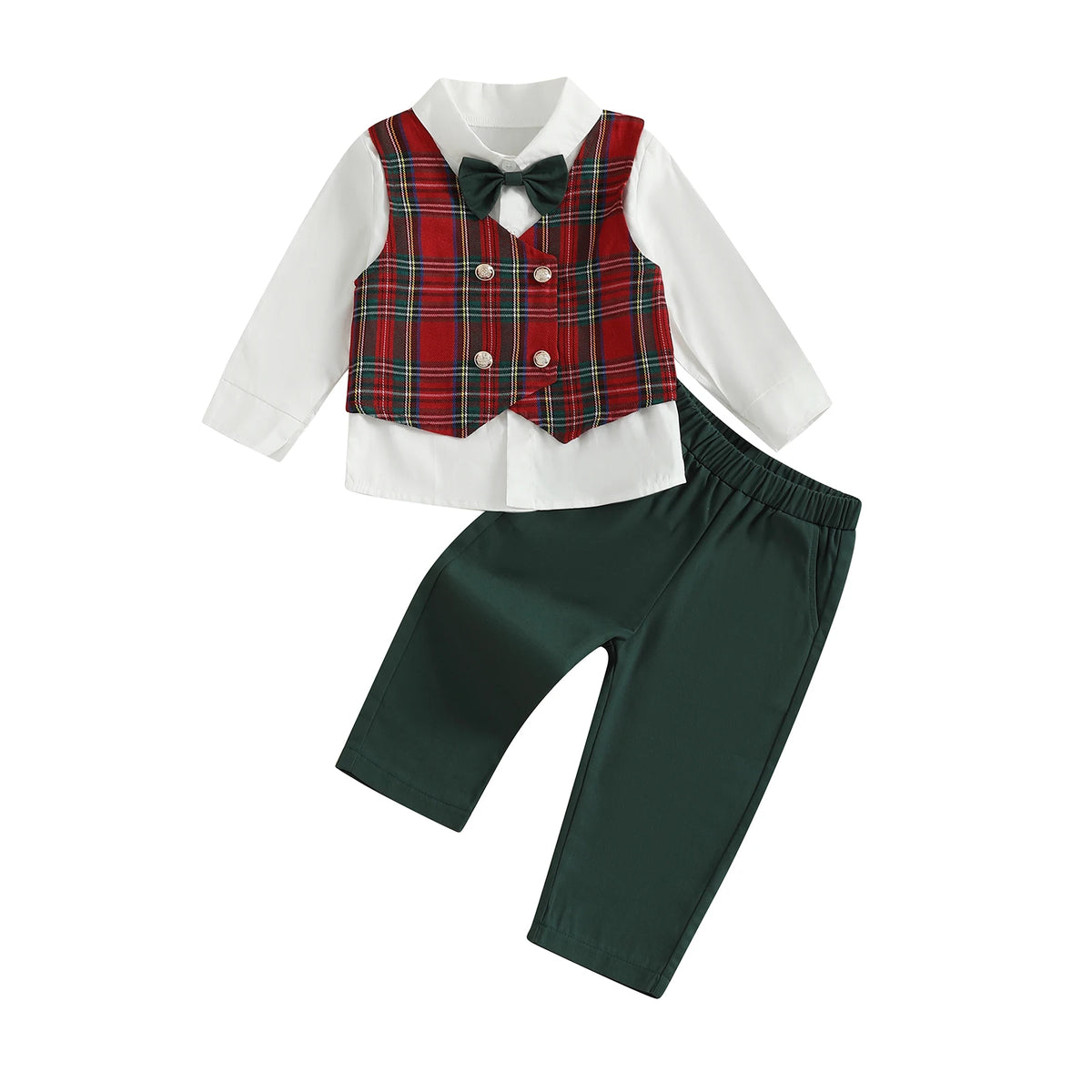 Boys Christmas Plaid Vest Outfit Set with Bow Tie &amp; Pants