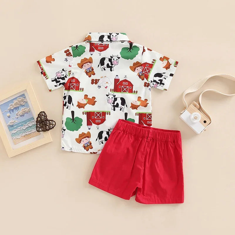 Boys Farm Circus Print 2-Piece Outfit Set with Bow Tie