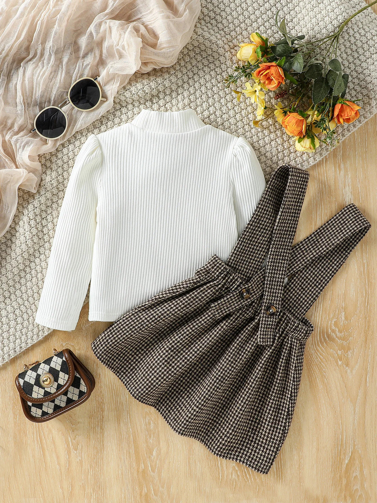 Girl's Plaid Strap Skirt Set - Long Sleeve Top & Skirt Outfit