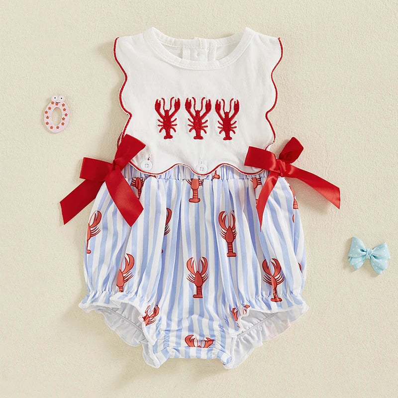 Baby Girl Lobster Embroidery Stripe Sleeveless Romper with Red Bows