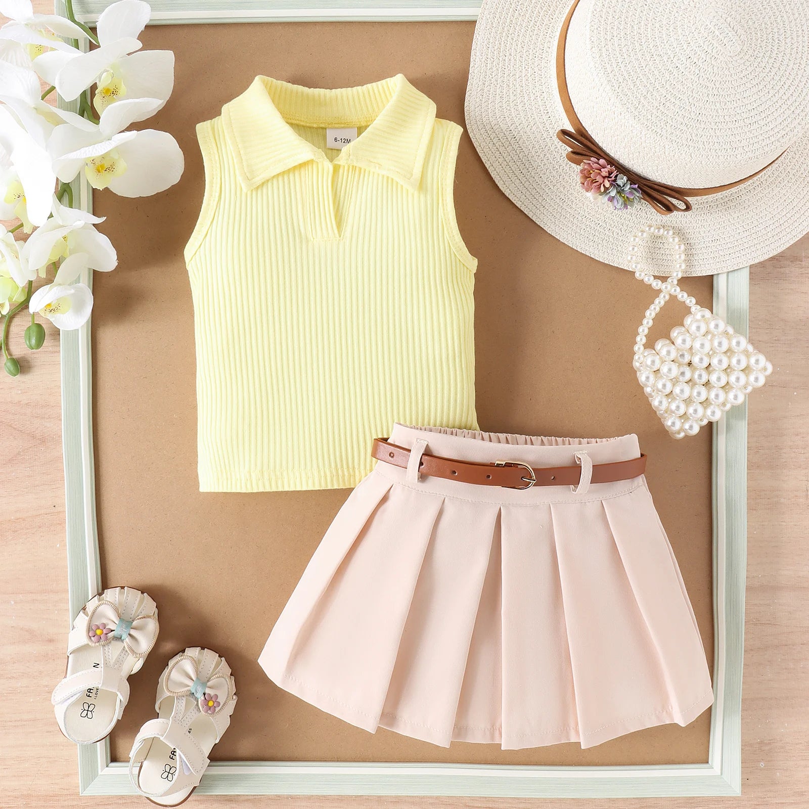 Ribbed Lapel Vest Top and Pleated Skirt Set