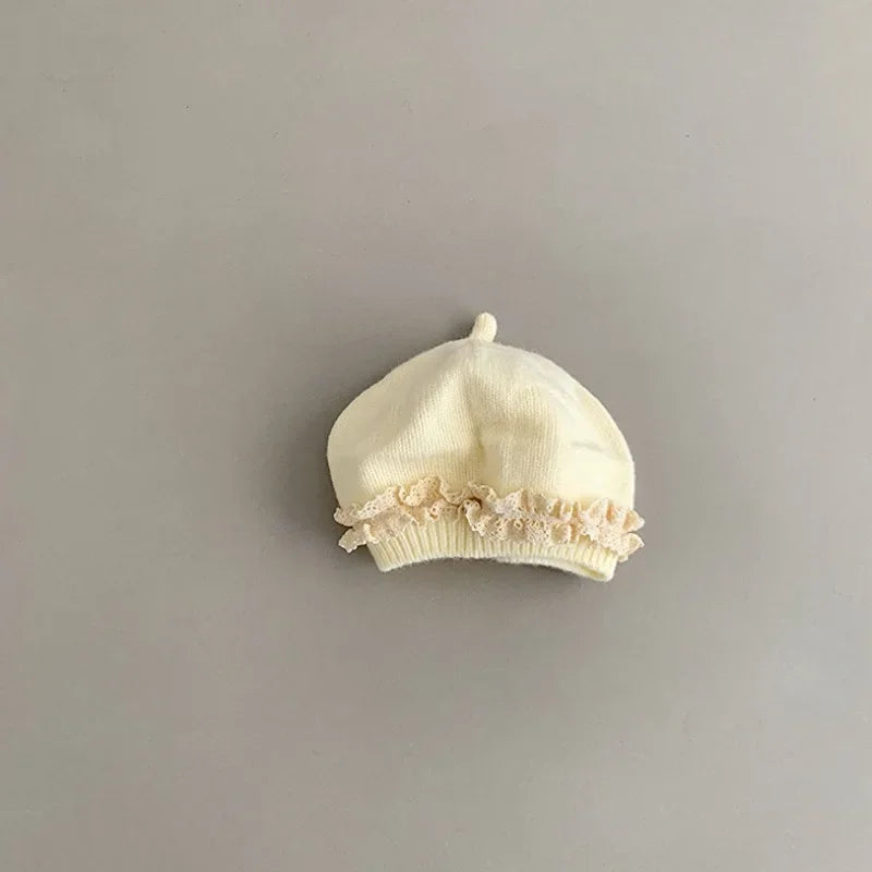Baby Girl Lace Ruffle Knit Beret Soft Cotton Hat