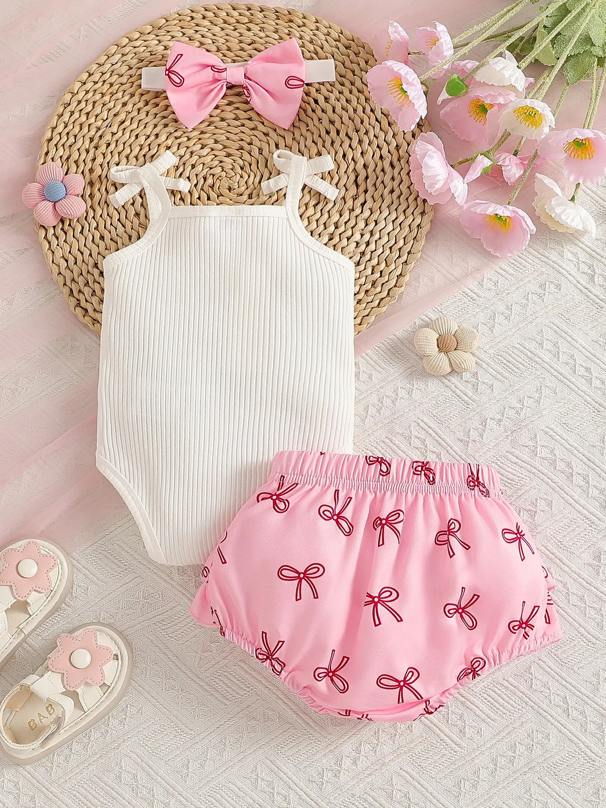 Baby Girls’ Summer Bow Print Romper Outfit