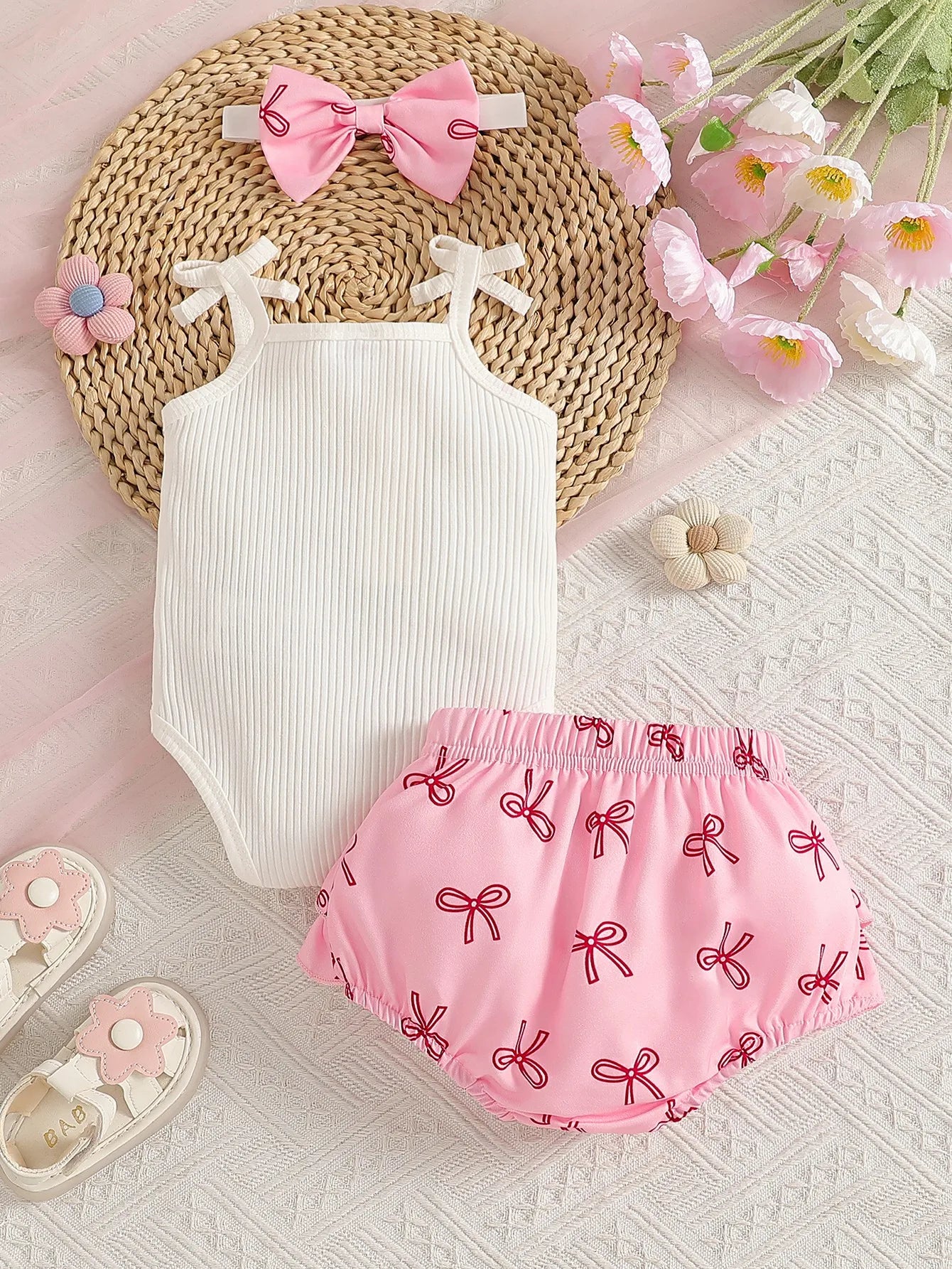 Baby Girls’ Summer Bow Print Romper Outfit