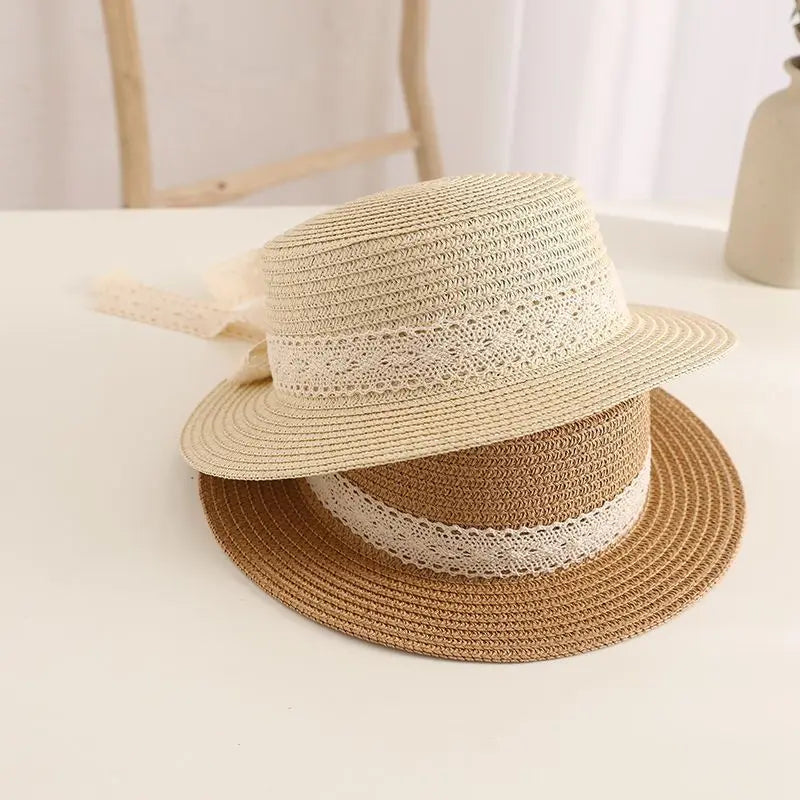 Adjustable Lace Bow Straw Sun Hat for Girls