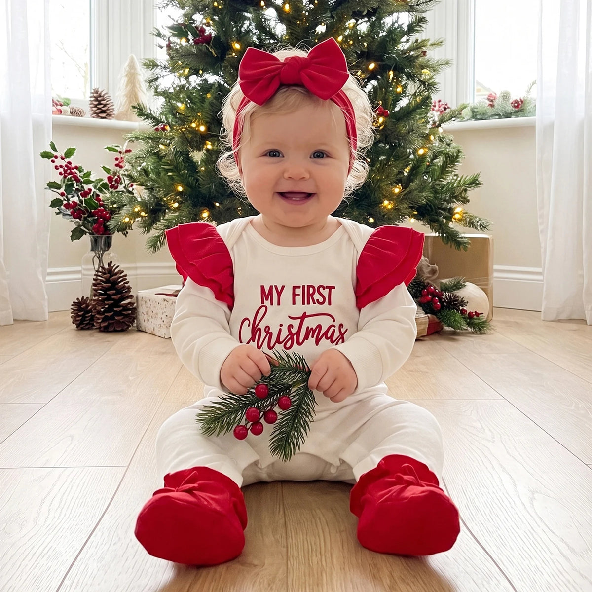 Baby Girl First Christmas Ruffle Romper & Headband Set