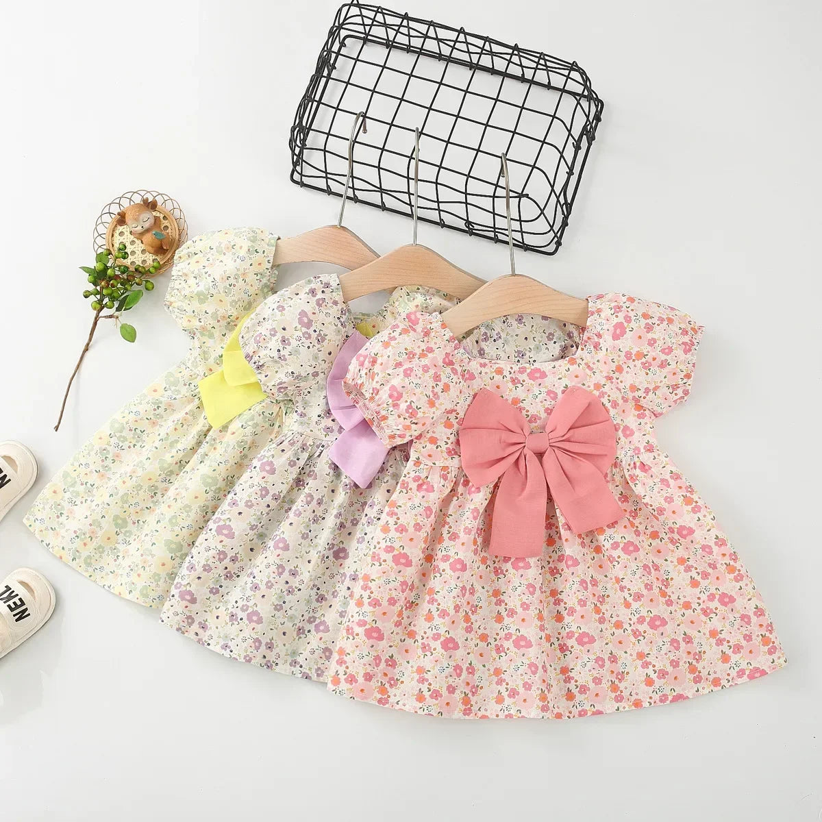 Floral Puff Sleeve & Bow Dress for Toddler Girls