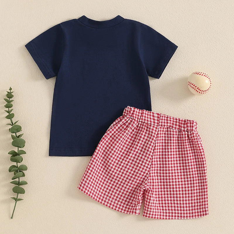 Embroidered Baseball T-Shirt and Plaid Shorts Set