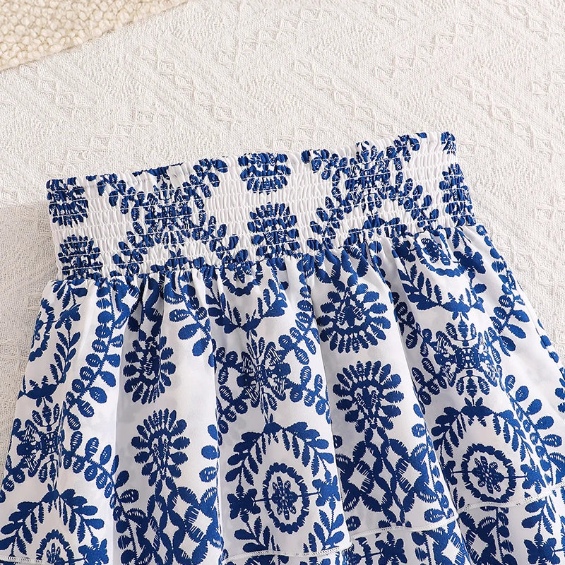 Girls Blue White Floral Smocked Spaghetti Strap Top & Tiered Skirt Set