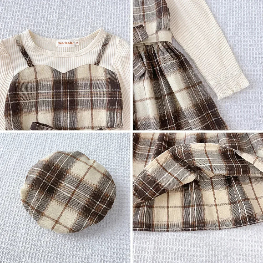 Girls' Plaid Dress Outfit with Belt & Hat - Autumn Casual Style