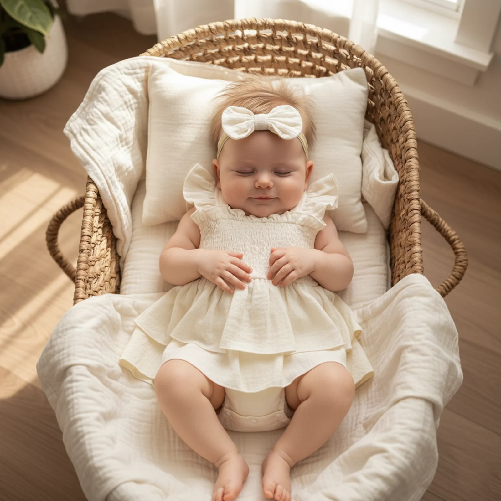 Baby Girl Fly Sleeve Solid Layered Romper Dress with Bow Headband