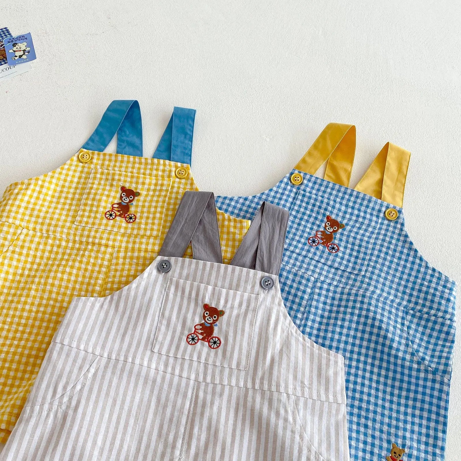 Unisex Checkered Overalls with Bear Embroidery