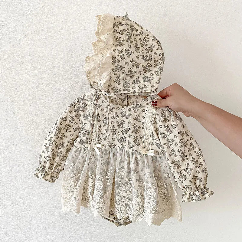 Baby Girl Lace Trim Long Sleeve Romper with Matching Hat