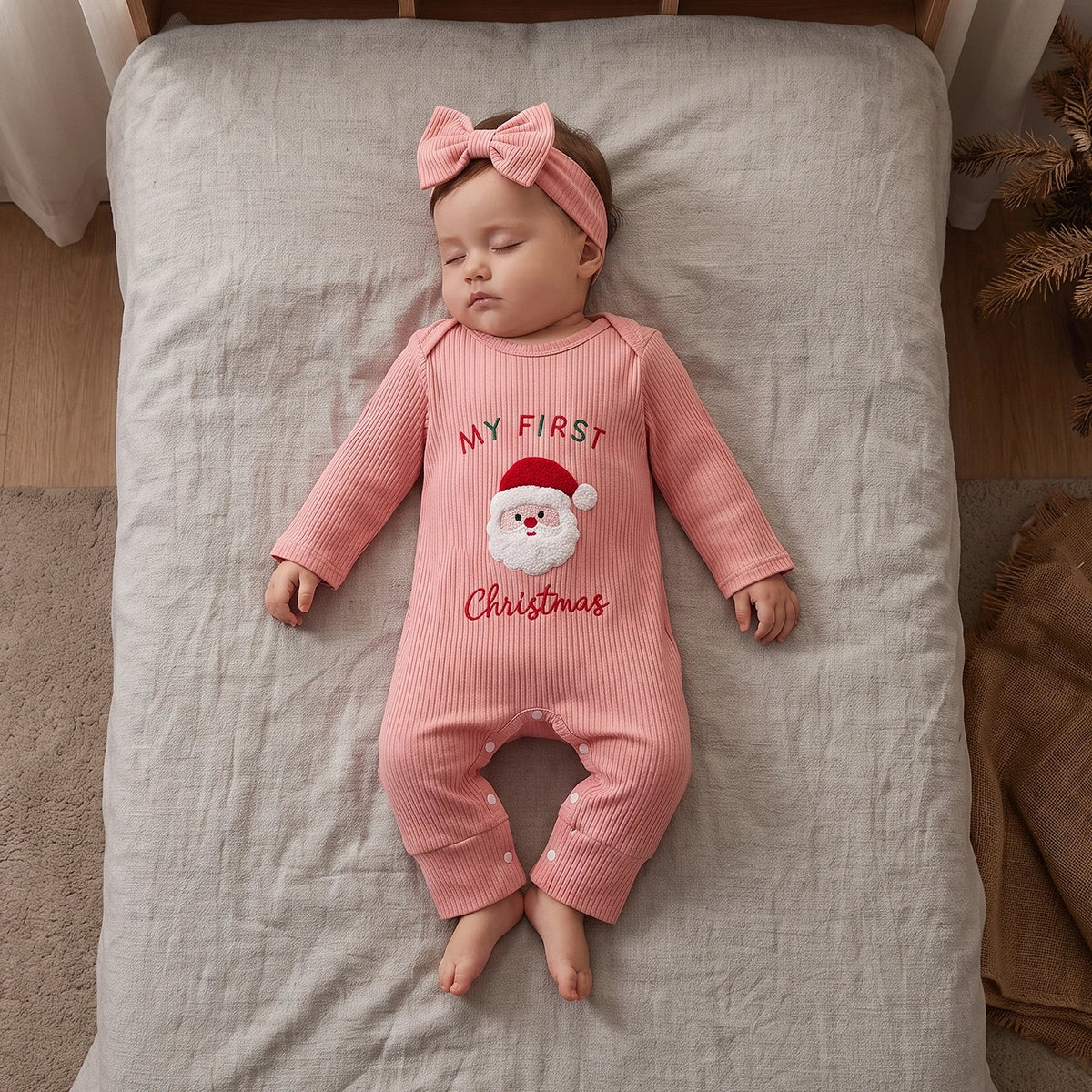 Newborn Baby Girl My First Christmas Santa Jumpsuit & Headband Set