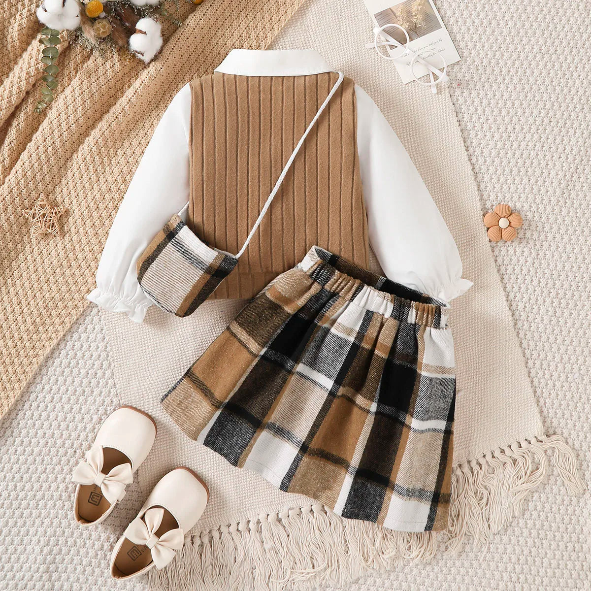 Girls' 3-Piece College Style Set: Top, Checkered Skirt & Bag (4-7T)