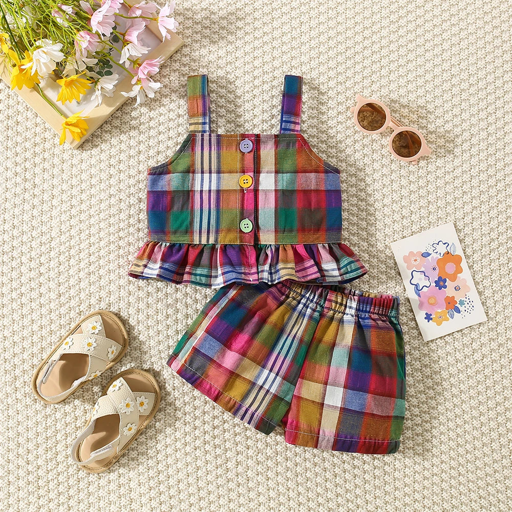 Simple Plaid Camisole Top & Shorts Set for Baby Girls