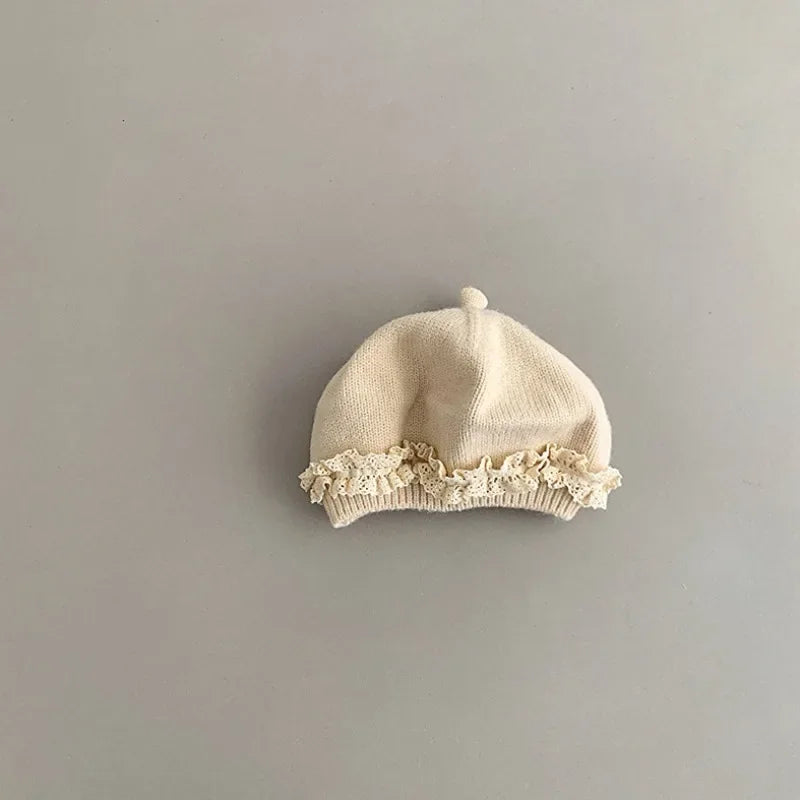 Baby Girl Lace Ruffle Knit Beret Soft Cotton Hat