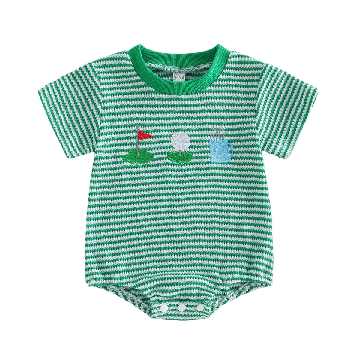 Green / 0-3M Baby Boy's Striped Golf Themed Embroidered Romper