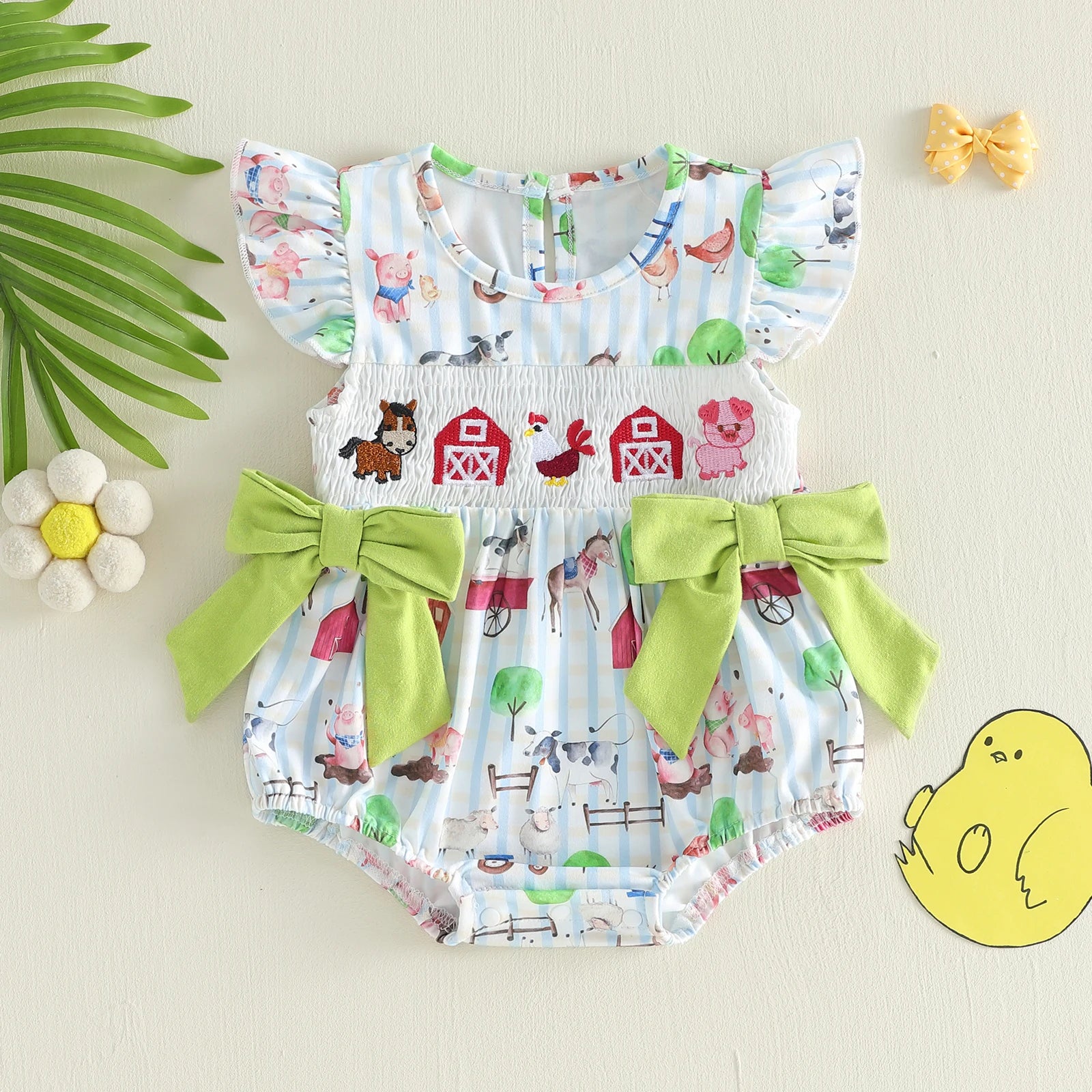 Girls' Farm Print Smocked Ruffle Jumpsuit