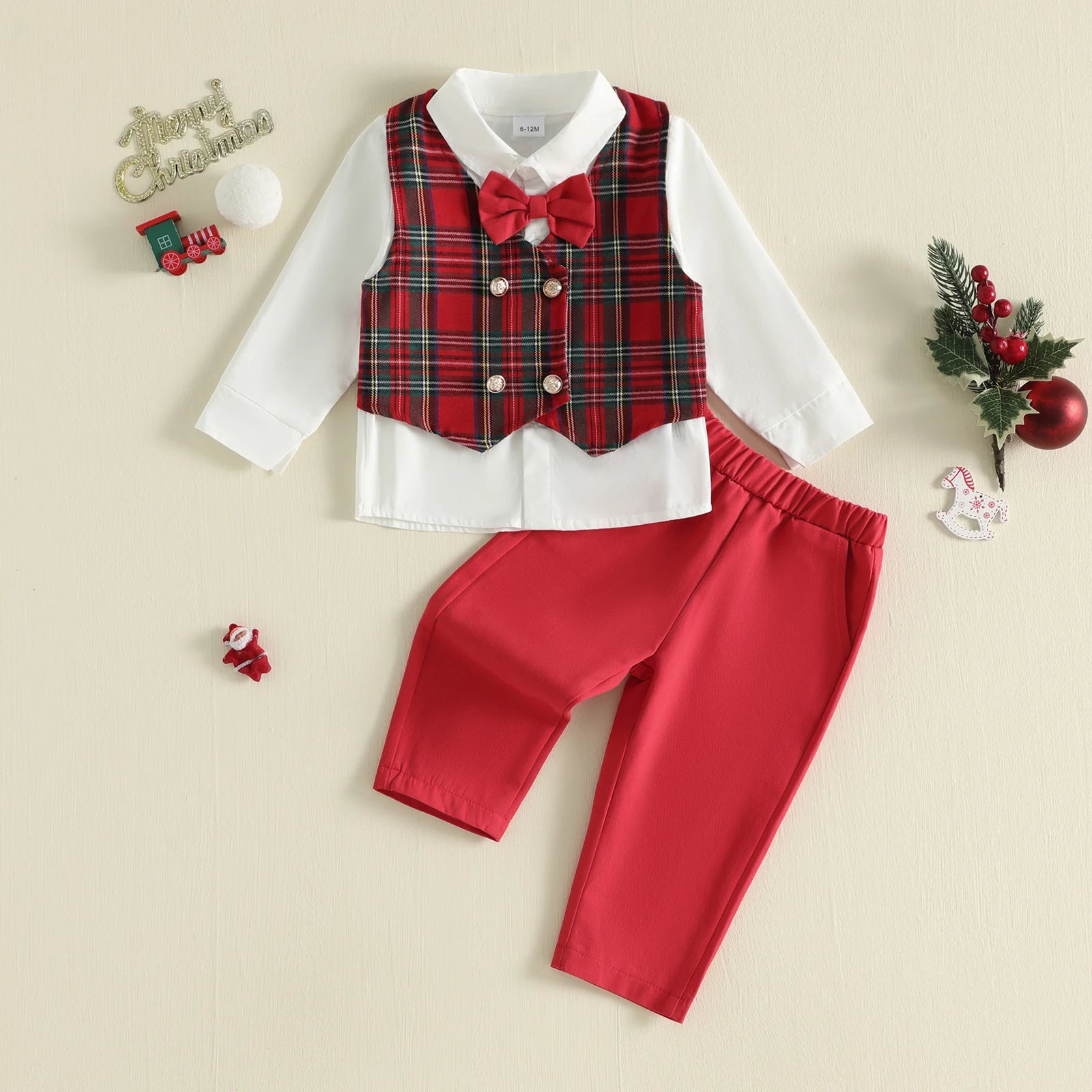 Boys Christmas Plaid Vest Outfit Set with Bow Tie & Pants